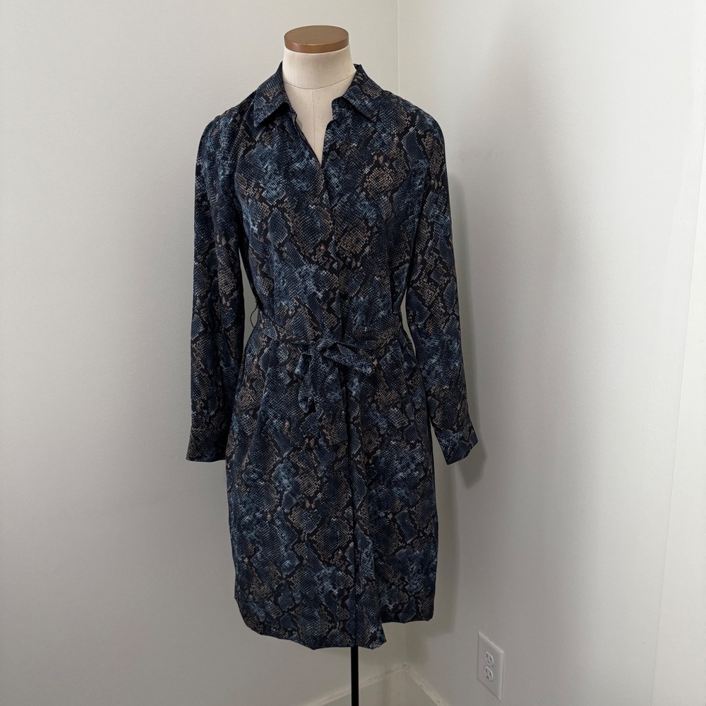 Lafayette 148 Small 100% Silk Blue Snakeskin Print Button Shirt Dress w/ Belt